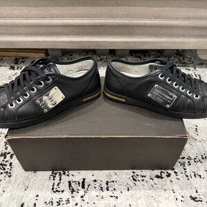 Dolce & Gabbana Black Leather Sneakers with Silver Accents